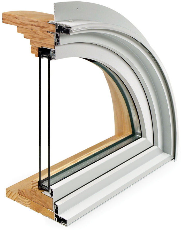 Aluminum Clad Wood Sash Set Window, cut in half to see the cross section, the white aluminum-clad exterior side facing forward