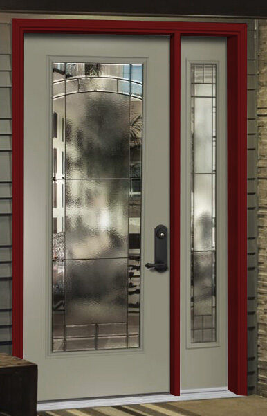 Door and sidelite with FrontLine wineberry aluminum cladding framing them